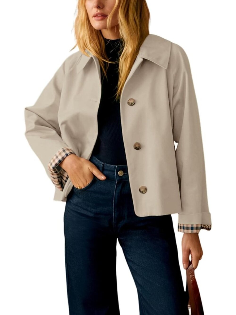 Women's Tan Cropped Plaid Cuff Lining Button Down Single-Breasted Trench Coat